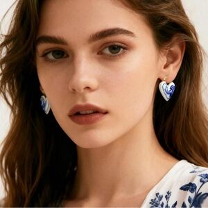 New! Anthropologie Ceramic Heart Gold Plated Hoop Earrings (2010) NWOT